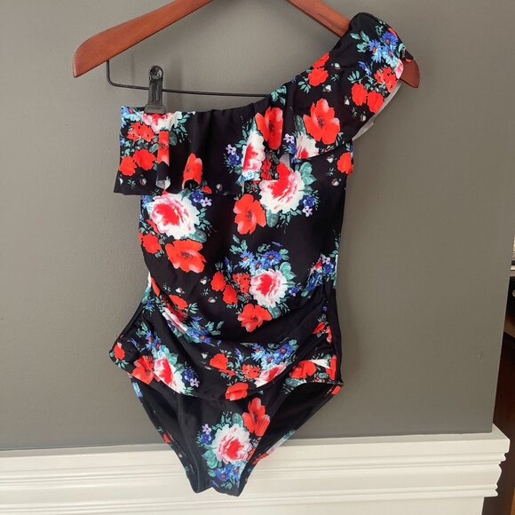 Hilor One Shoulder Ruffle Floral Poppies One-piece Swimsuit UK 10 US 8 - Picture 1 of 5
